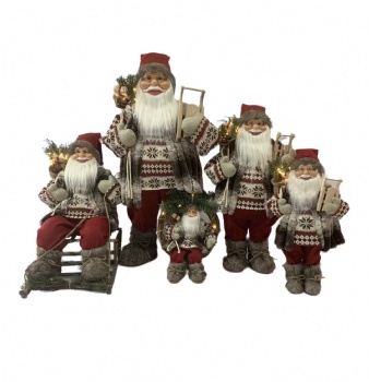santa clause dolls figures with led light on the bag, with wooden sleigh in hand/ sitting santa on wood sleigh/wreath family set