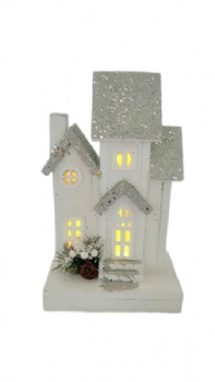 3D wood illuminated house wood church with LED light christmas decorations for outdoor and indoor silver white color and natural wood color