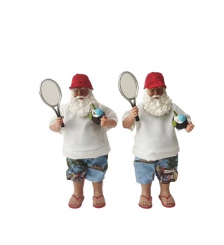 Christmas mini resin santa 28cm/11'' with tennis racket and coco in hands